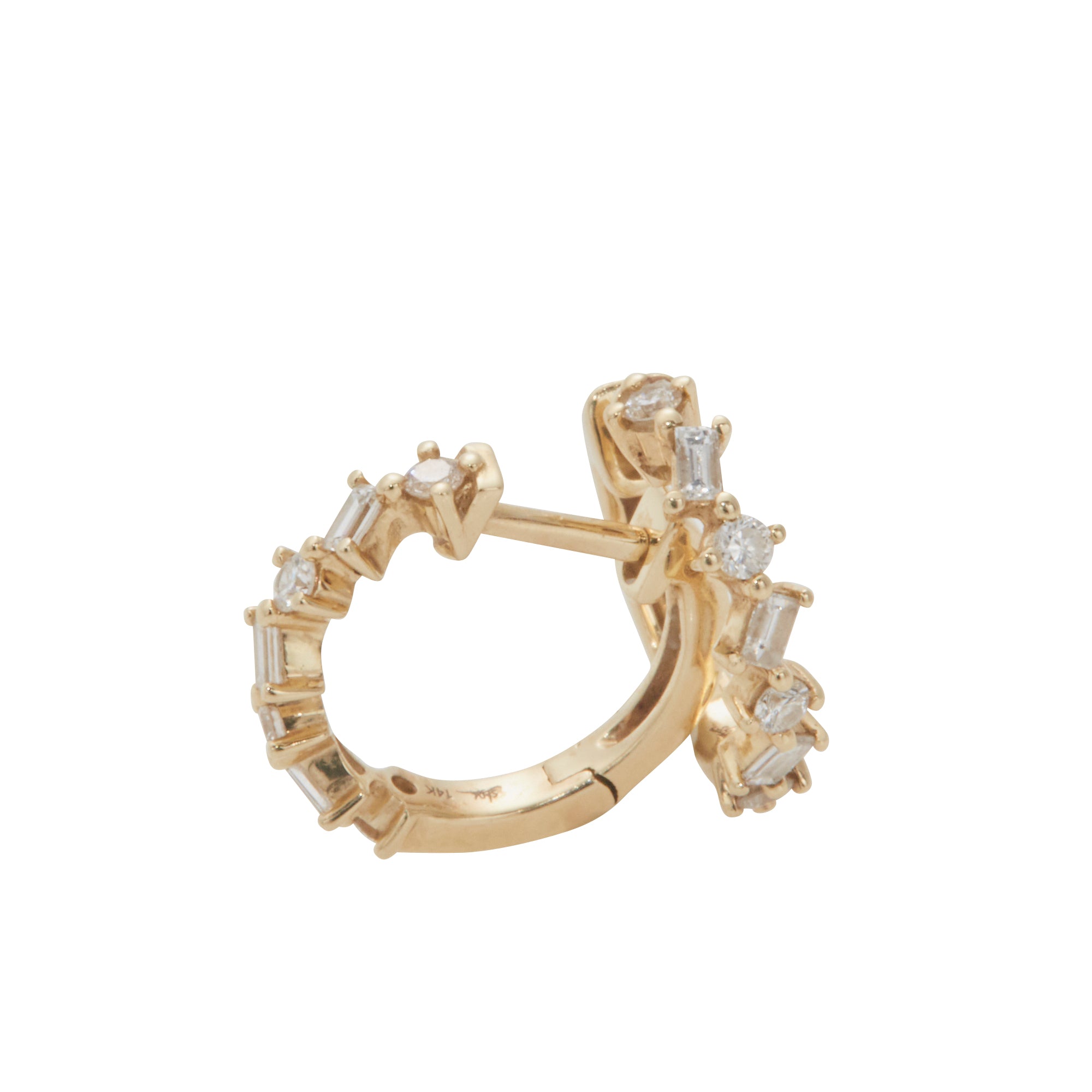 14k yellow gold jagged diamond huggies from Jeuje Jewelry on a white background