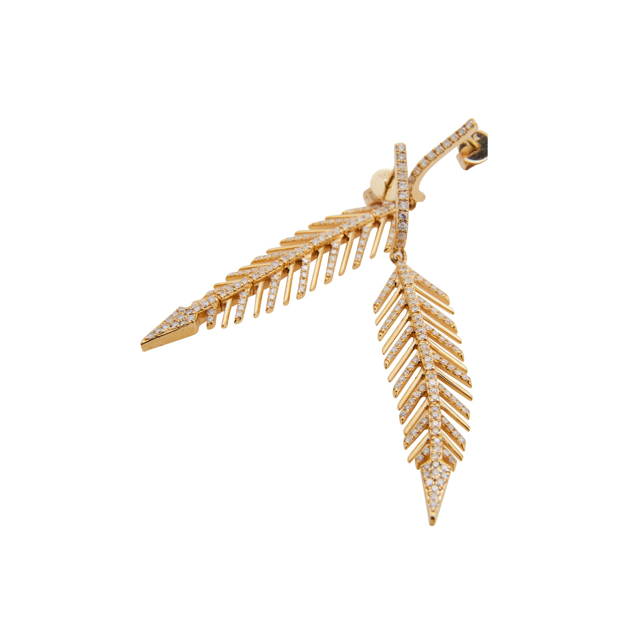 Diamond feather earrings from Jeuje Fine Jewelry on a white background