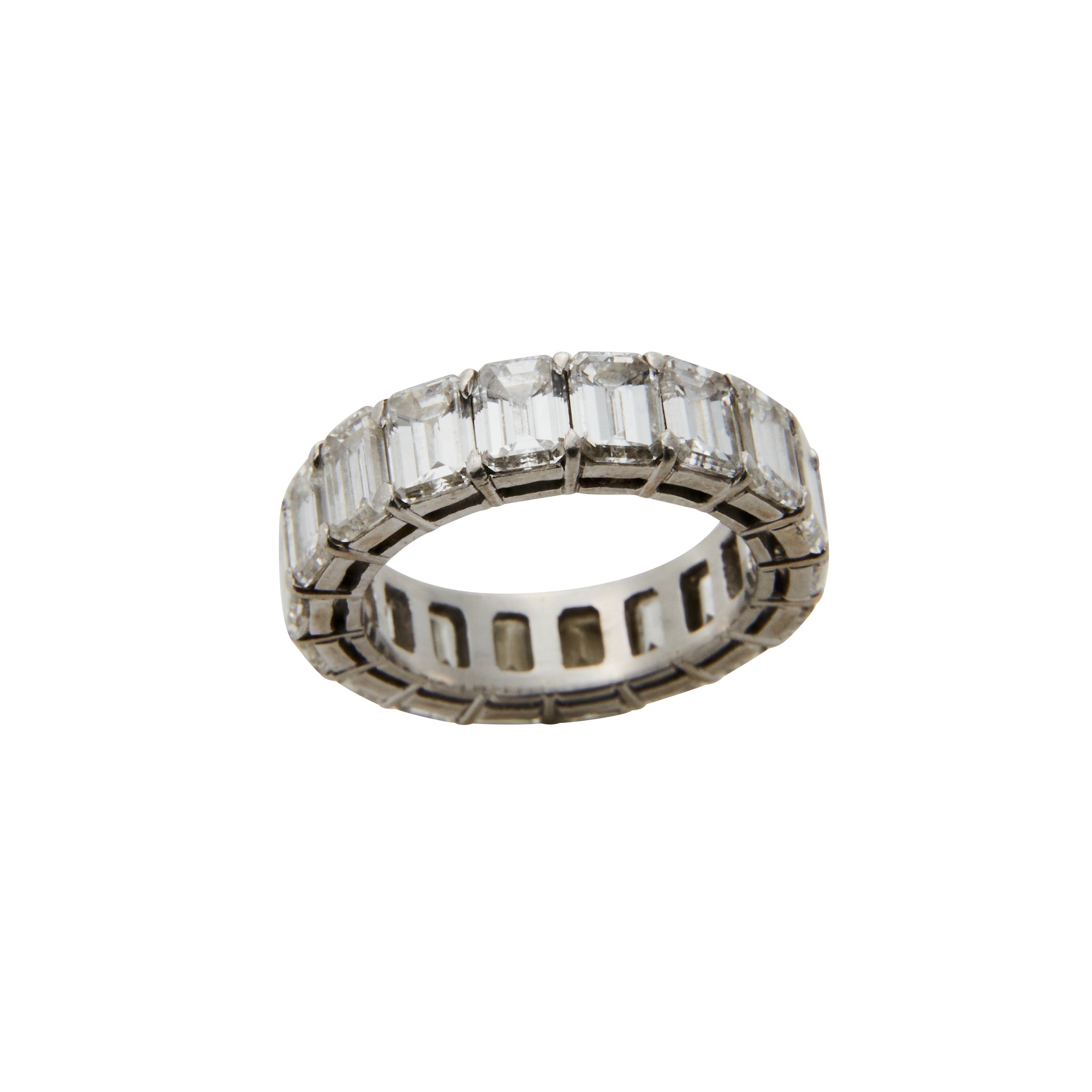 Emerald cut diamond eternity band size 9 from Jeuje Fine Jewelry on a white background