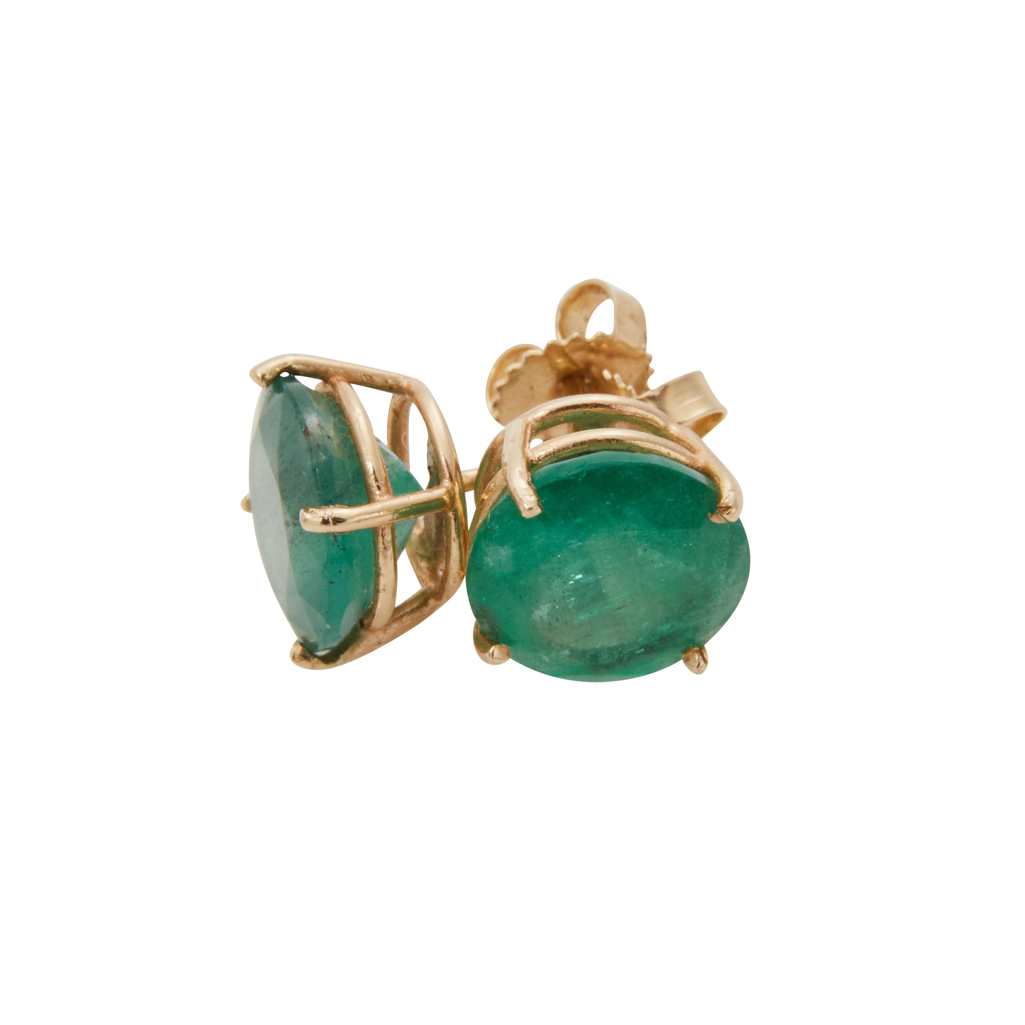 14k gold statement studs containing emeralds from Jeuje Jewelry on a white background