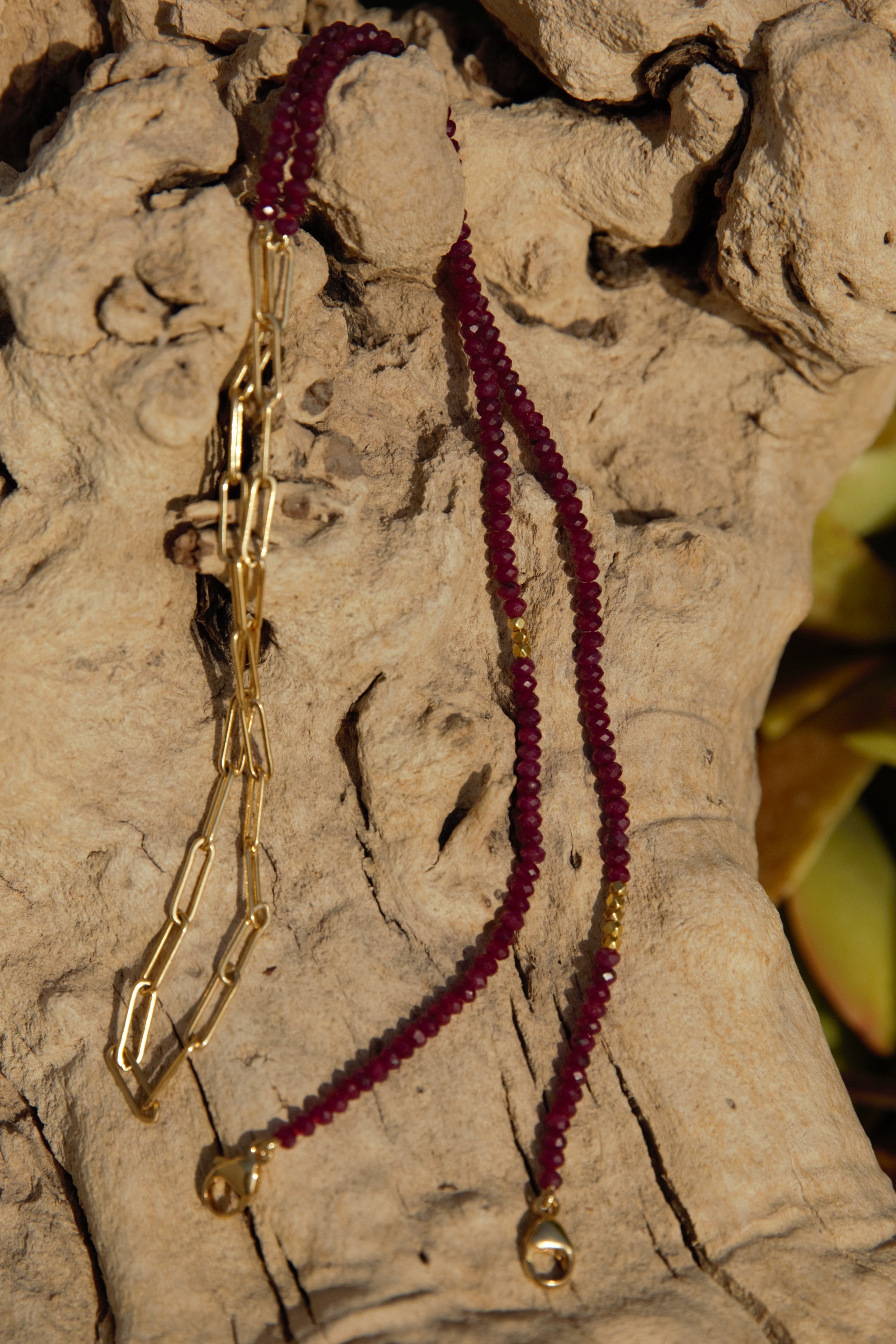 RaRaw ruby eyeglass necklace with 18k gold beads and gold-filled paperclip chain