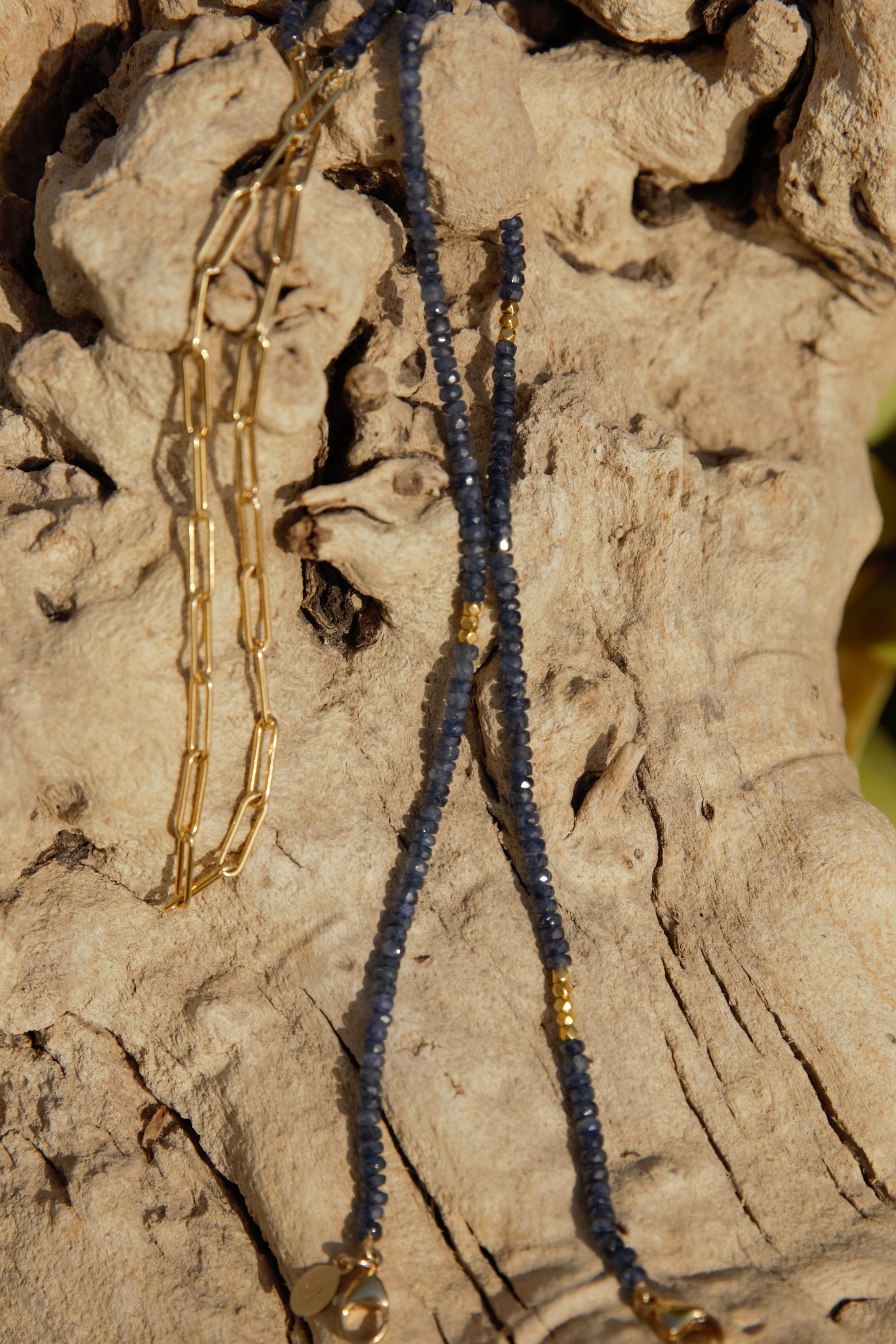 Raw sapphire eyeglass necklace with 18k gold beads and gold-filled paperclip chain