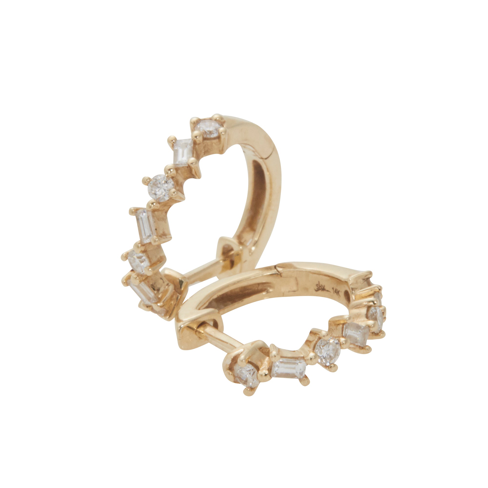 14k yellow gold jagged diamond huggies from Jeuje Jewelry on a white background