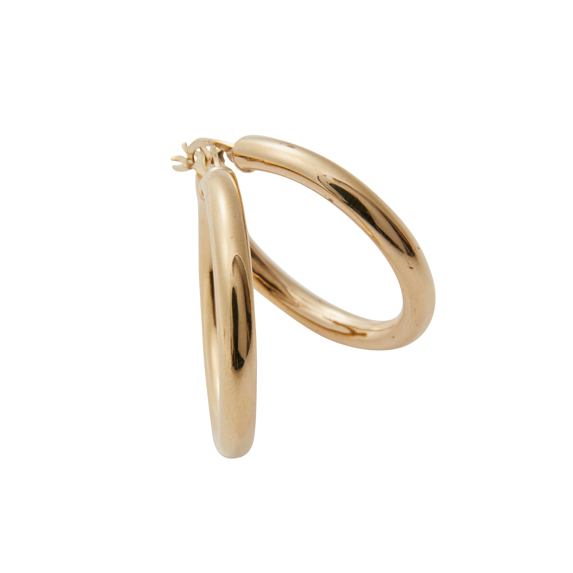 Medium gold hoops from Jeuje Fine Jewelry on a white background