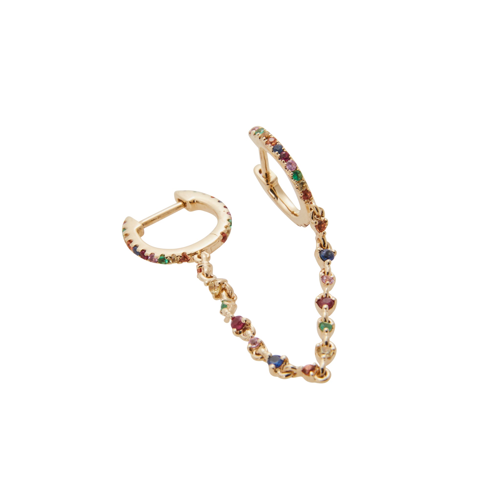 The Rainbow Double-Huggie with a tennis chain from Jeuje Jewelry on a white background