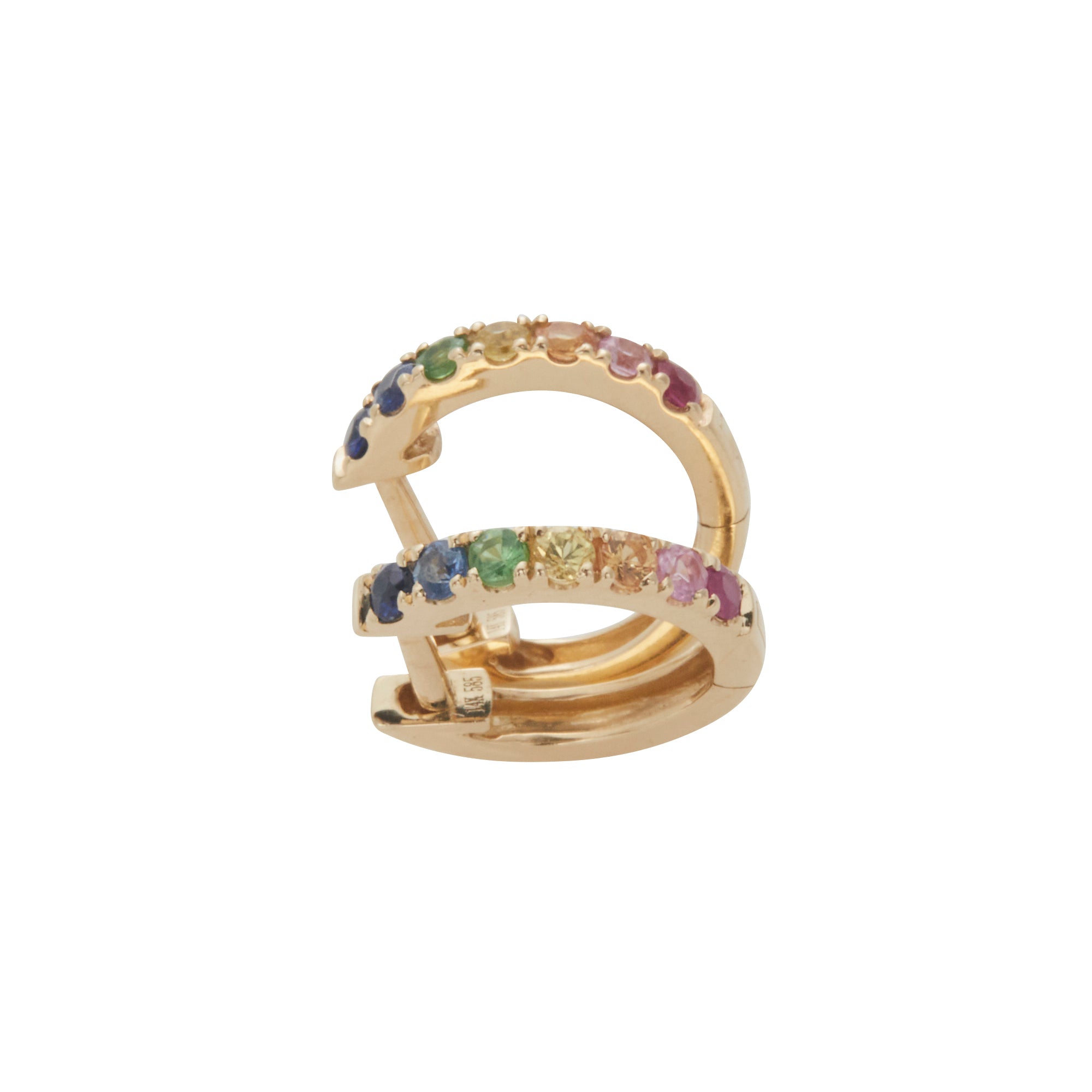 14k yellow gold multi-colored sapphire huggies from Jeuje Jewelry on a white background