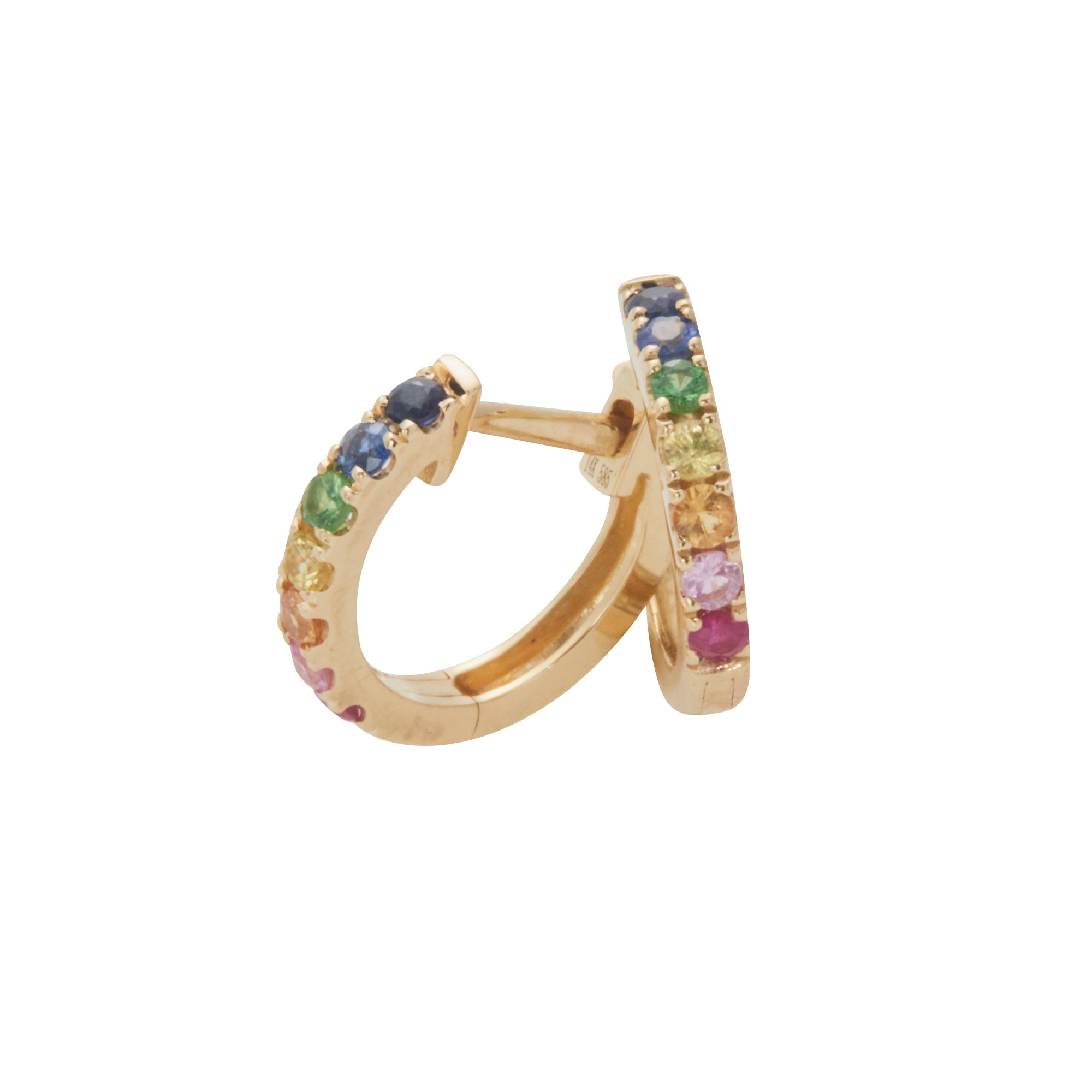 14k yellow gold multi-colored sapphire huggies from Jeuje Jewelry on a white background