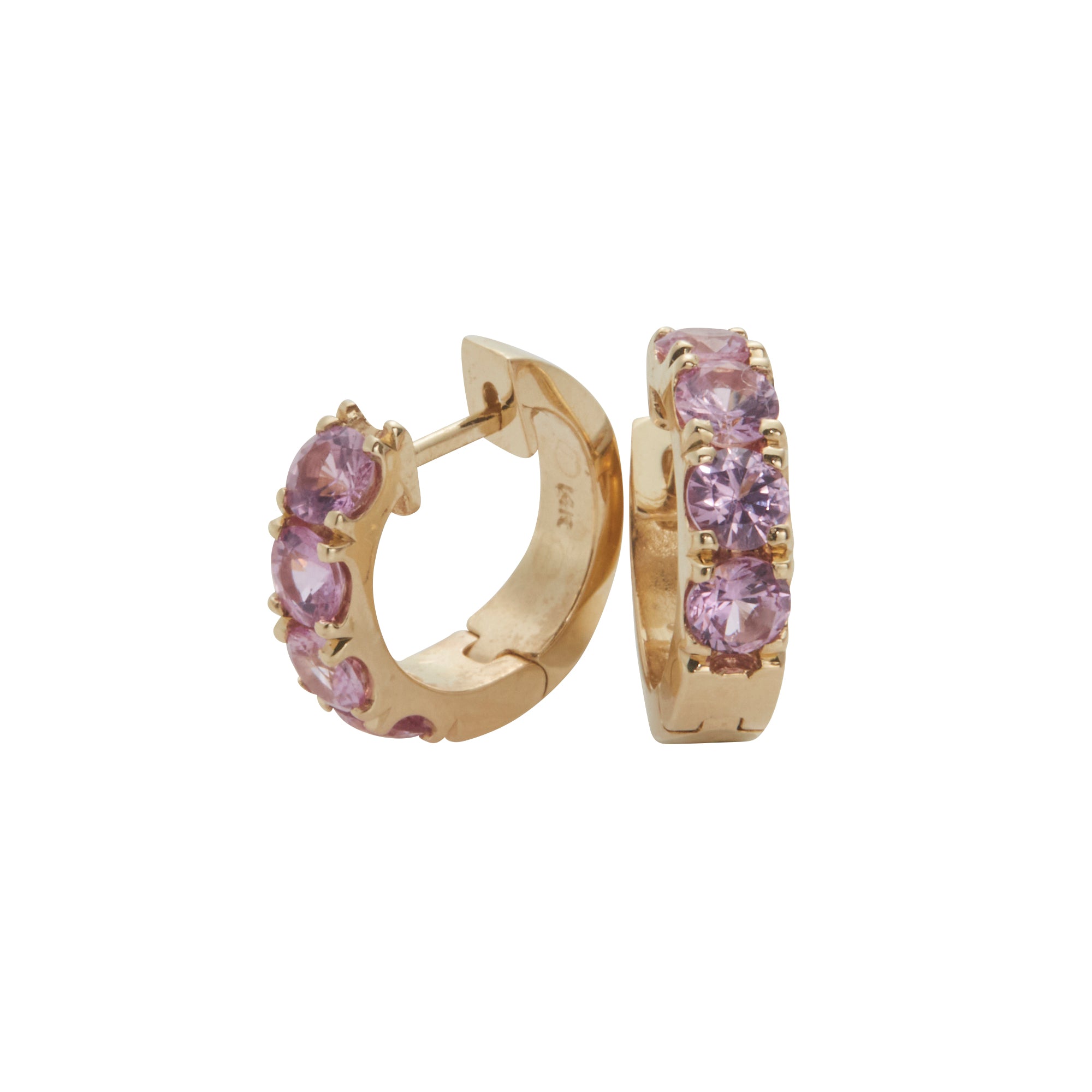 14k yellow gold huggies containing pink sapphire from Jeuje Jewelry on a white background