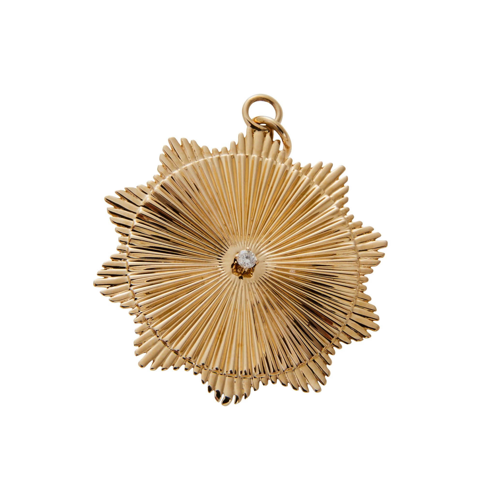 Diamond and gold starburst pendant from Jeuje Jewelry on a white background