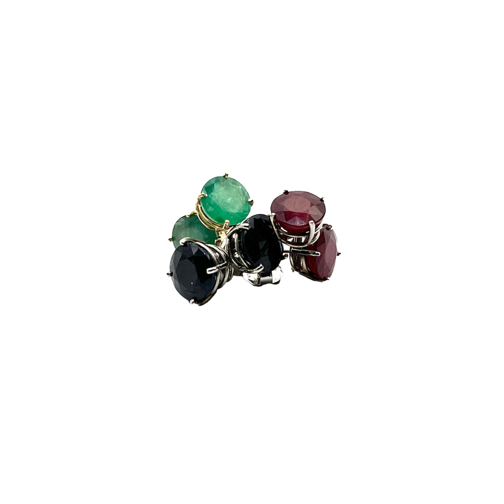 14k gold statement studs containing emeralds, rubies, and sapphires from Jeuje Jewelry on a white background