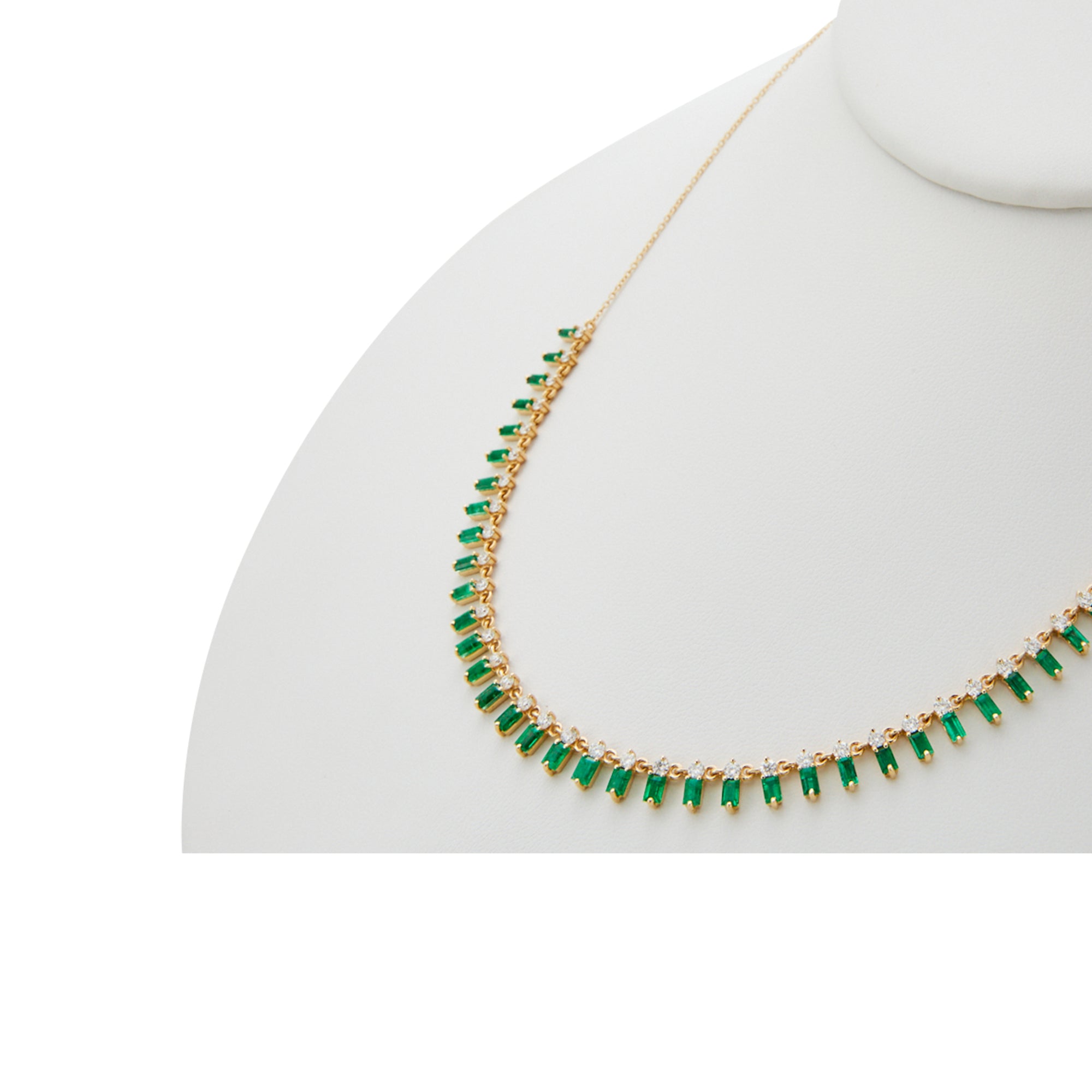 Emerald and diamond full fringe necklace from Jeuje Jewelry on a white background