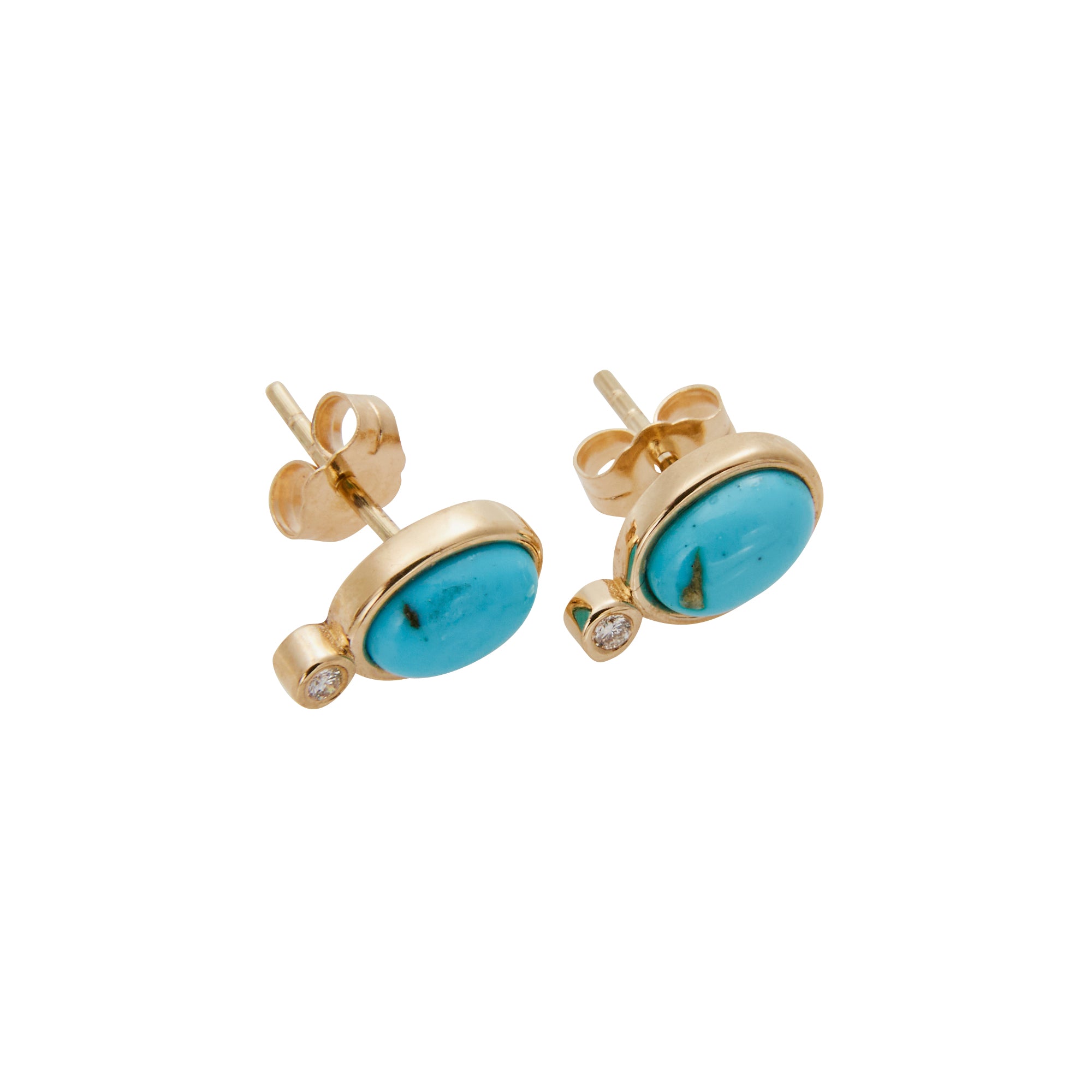 14k Yellow Gold Turquoise and Diamond studs with turquoise accented diamonds from Jeuje Jewelry on a white background