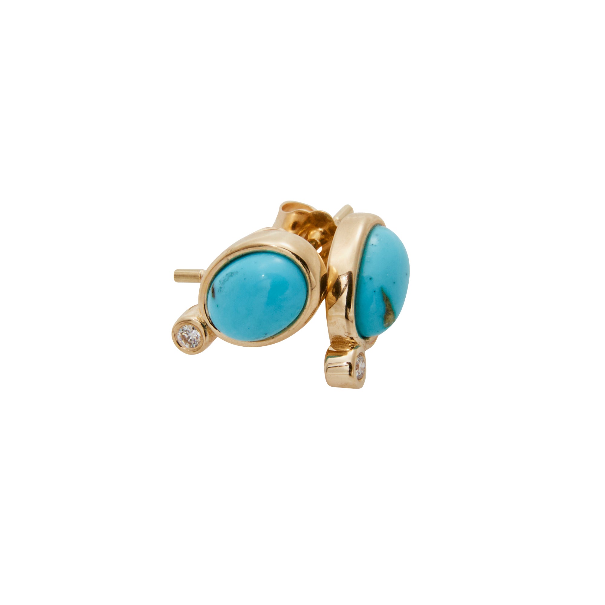 14k Yellow Gold Turquoise and Diamond studs with turquoise accented diamonds from Jeuje Jewelry on a white background