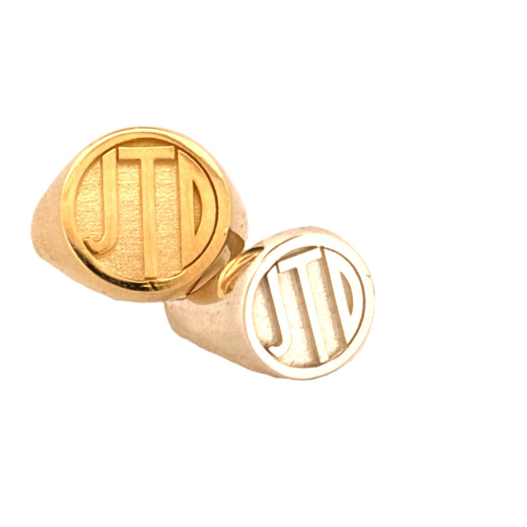 Two JTD gold rings from Jeuje Jewelry side by side on a white background